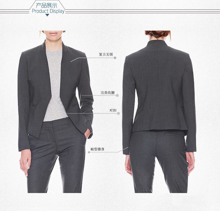 女士無(wú)領(lǐng)灰色西服定制